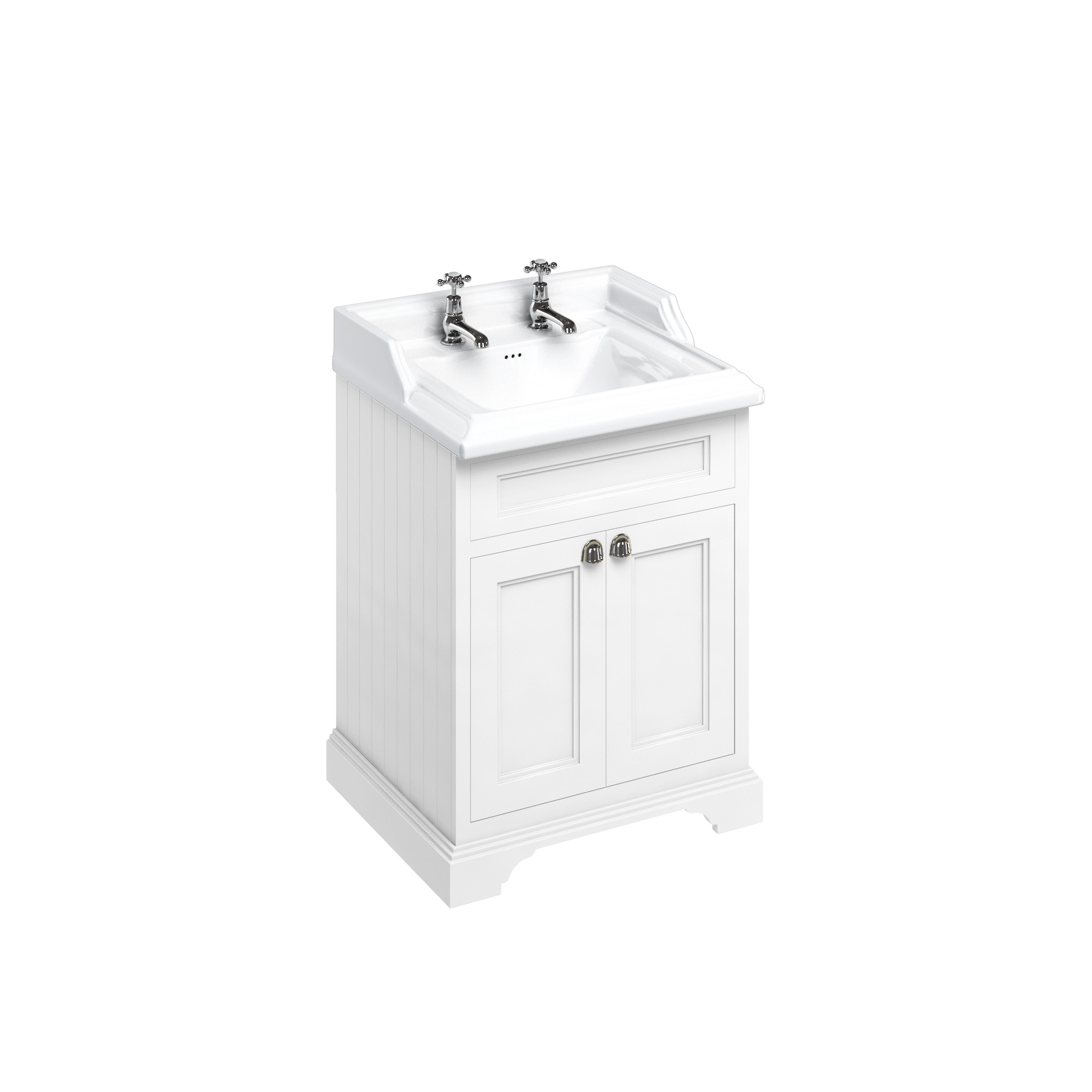 Freestanding 65 Vanity Unit with doors - Matt White and Classic basin 2 tap holes